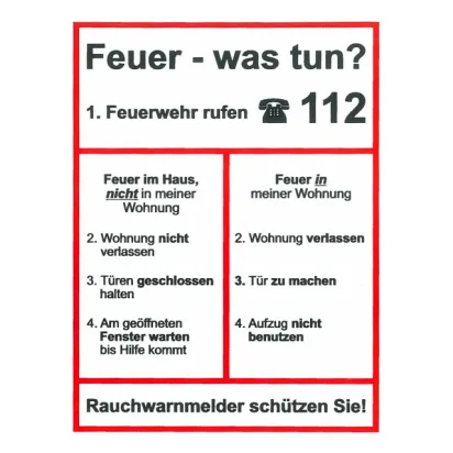 Hinweisschild „Feuer - was tun ?“